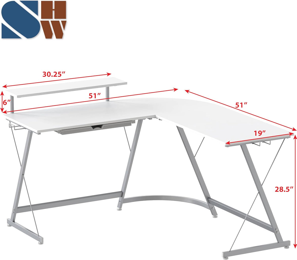 SHW 51 x 51 Inches Vista L-Shaped Desk with Monitor Stand and Drawer, White
