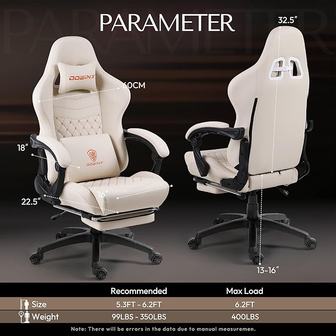 Dowinx Gaming Chair Big and Tall, Ergonomic Computer Chair with Footrest and Massage Lumbar Support, High Back Comfortable Gamer Chair for Adults 350Lbs PU Leather for Office Game, Ivory