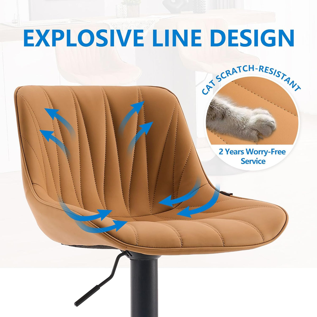 YOUNIKE Saffron Bar Stools Set of 2, Tan Swivel Barstools for Kitchen Island, Adjustable Leather Padded Bar Chairs with Back, Modern Counter Height Stools with 300LBS Support