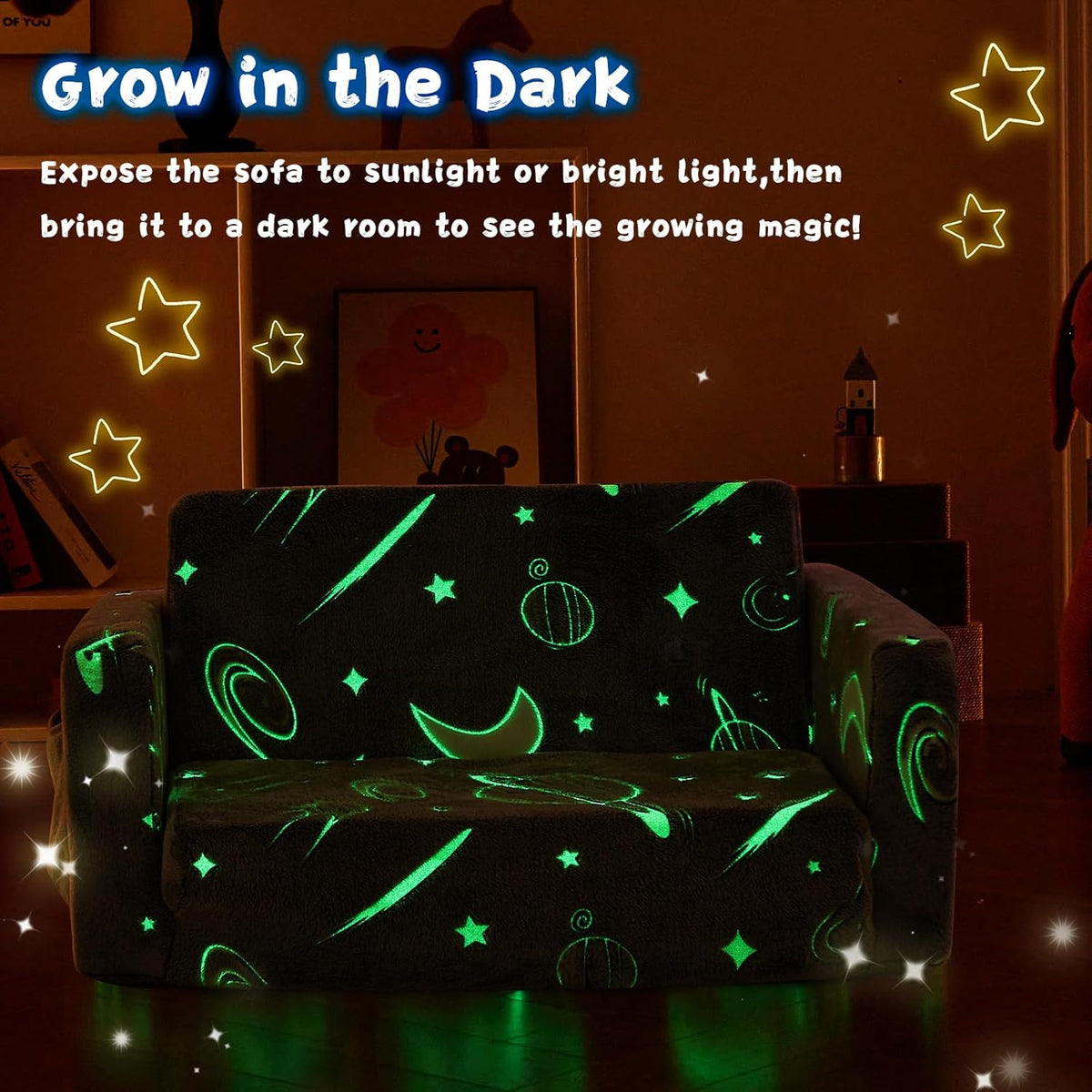 Toddler Couch,Toddler Chair, 2-in-1 Baby Seat Furniture Fold Out, Convertible Sofa to Lounger Soft Comfy Glow in The Dark Kids Sofa Bed Gifts for Kids Girl Boys,Star,Large