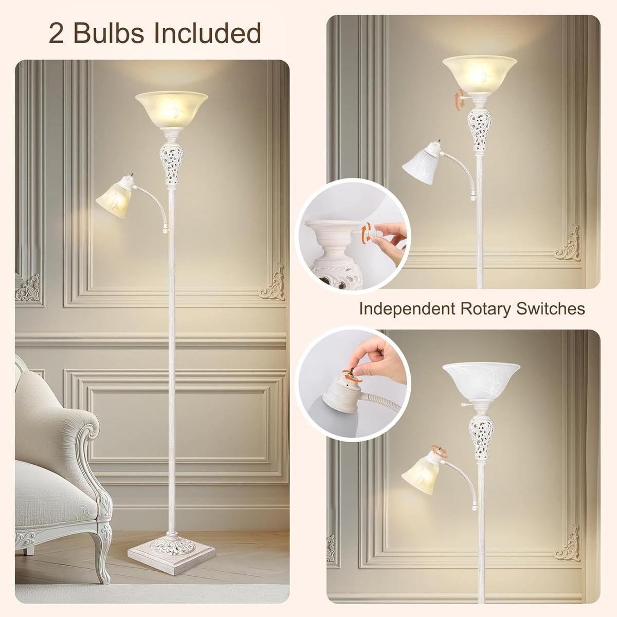 Torchiere Floor Lamp with Adjustable Reading Light, 72" Tall Vintage Lamp with White Glass Shade, Farmhouse Standing Lamp, Rustic LED Floor Lamp for Living Room Bedroom Office Corner, Bulbs Included