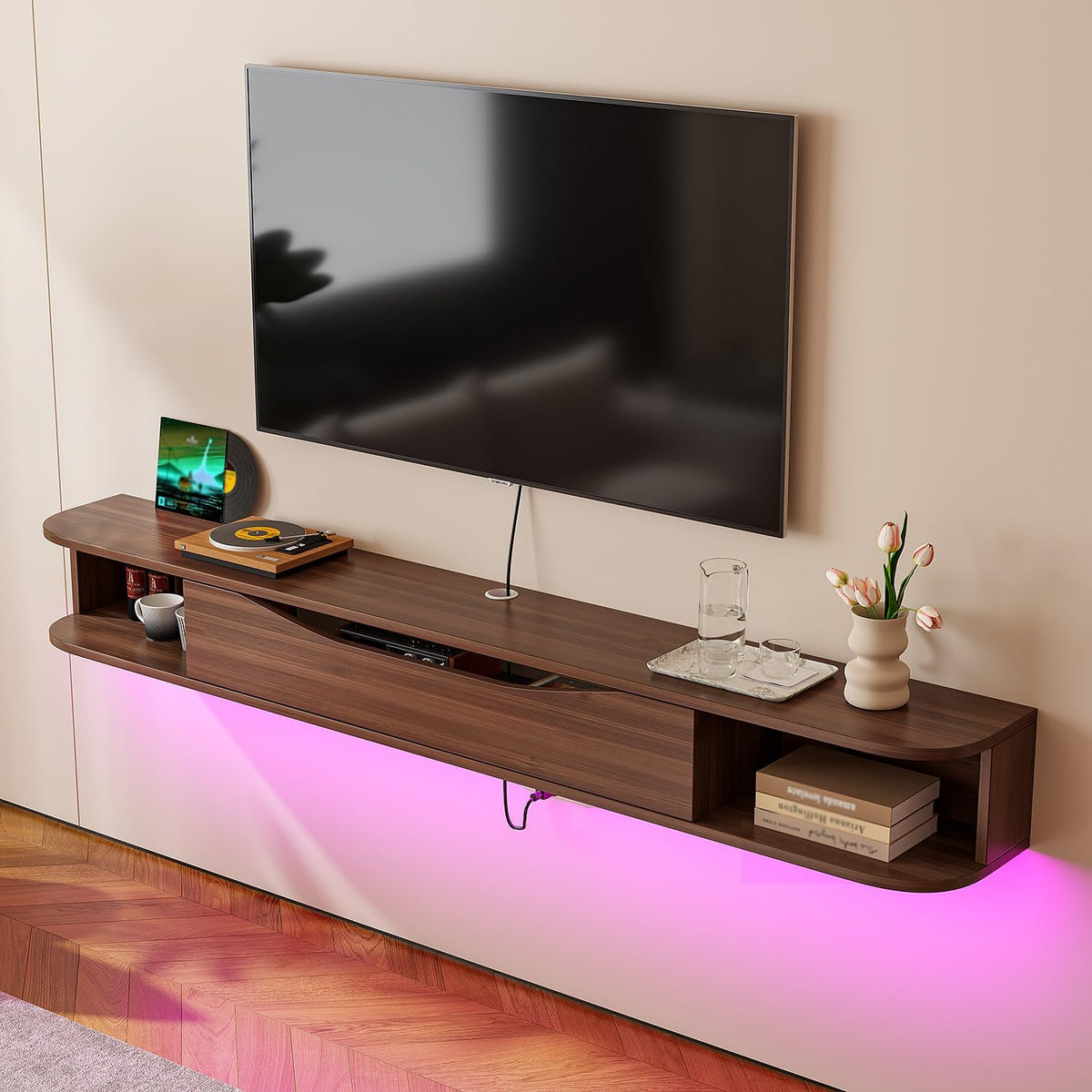 Floating TV Stand,94'' Wall Mounted TV Cabinet,Floating TV Console,Under TV Shelf with 1 Door and 2 Cabinets for TVs up to 90''(Walnut)