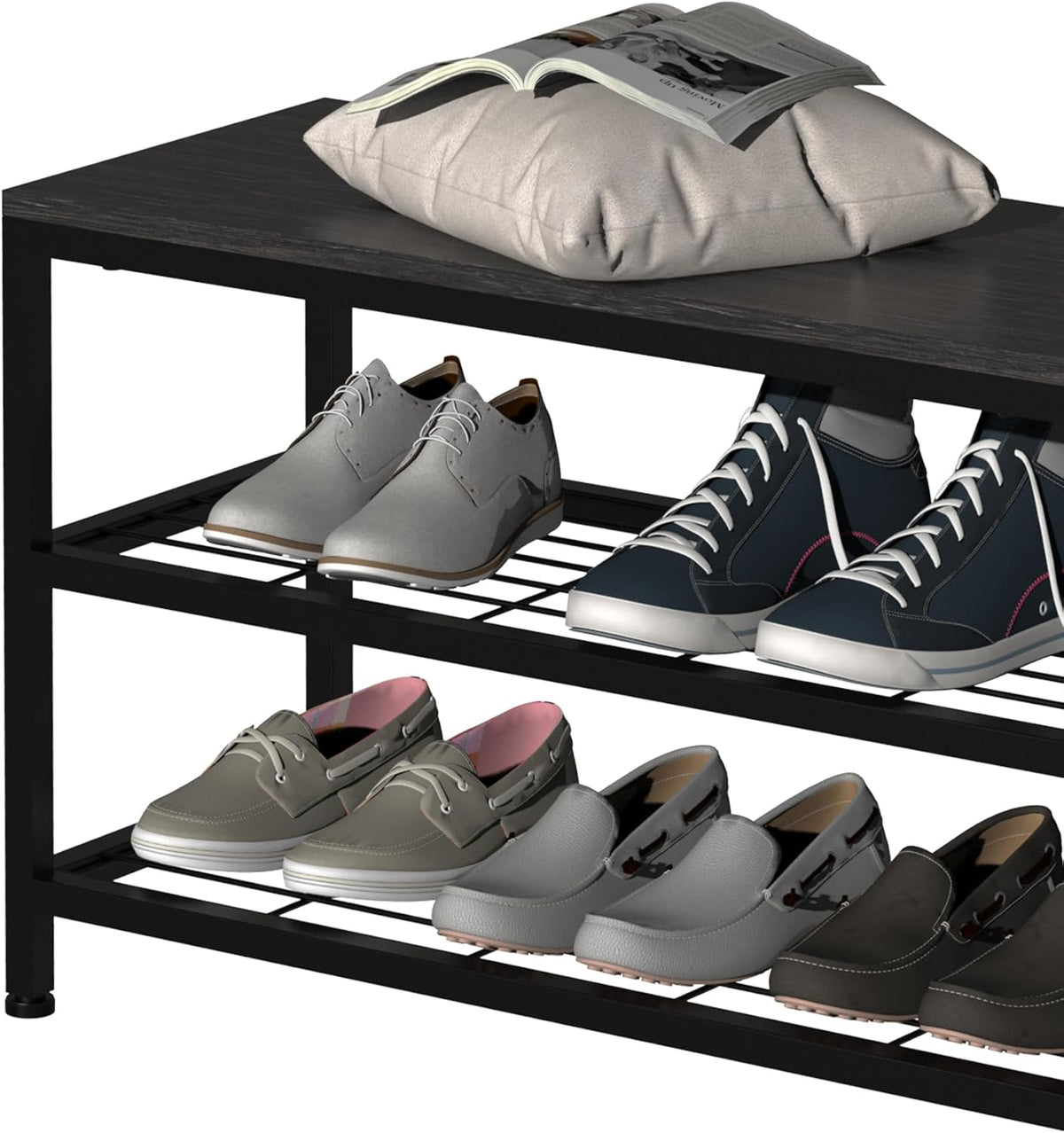 EXOTICA 3 Tier Entryway Bench Shoe Storage Bench with 4 Fabric Drawers Metal Frame and Wooden Board Shoe Rack Bench with Seat for Entryway Hallway Front Door Doorway