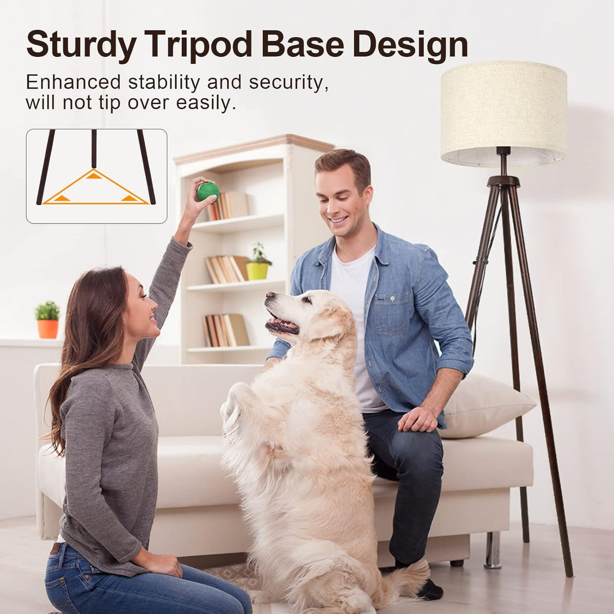 OUTON Wood Tripod Floor Lamp, Mid Century LED Dimmable Floor Lamp with Remote Control, 4 Color Temperature, Sturdy Tall Standing Lamp with Beige Linen Texture Shade for Living Room, Bedroom, Office