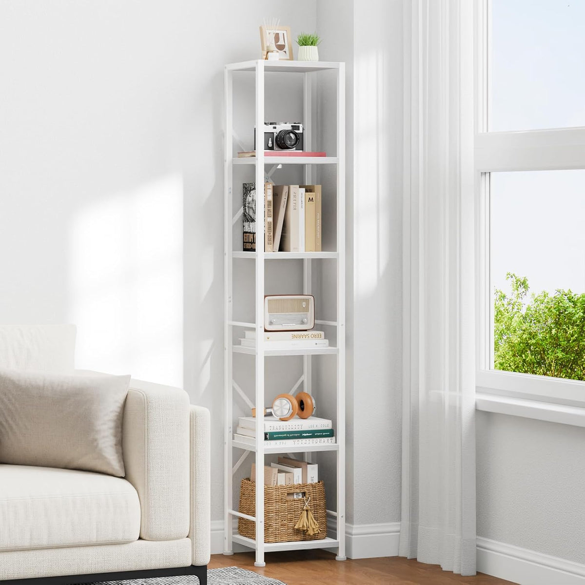 Furologee White Bookshelf 6 Tier Tall Narrow Bookcase, Modern Display Standing Shelf Unit, Metal and Wooden Storage Corner Shelves Organizer for Bedroom, Living Room, Office, Bathroom