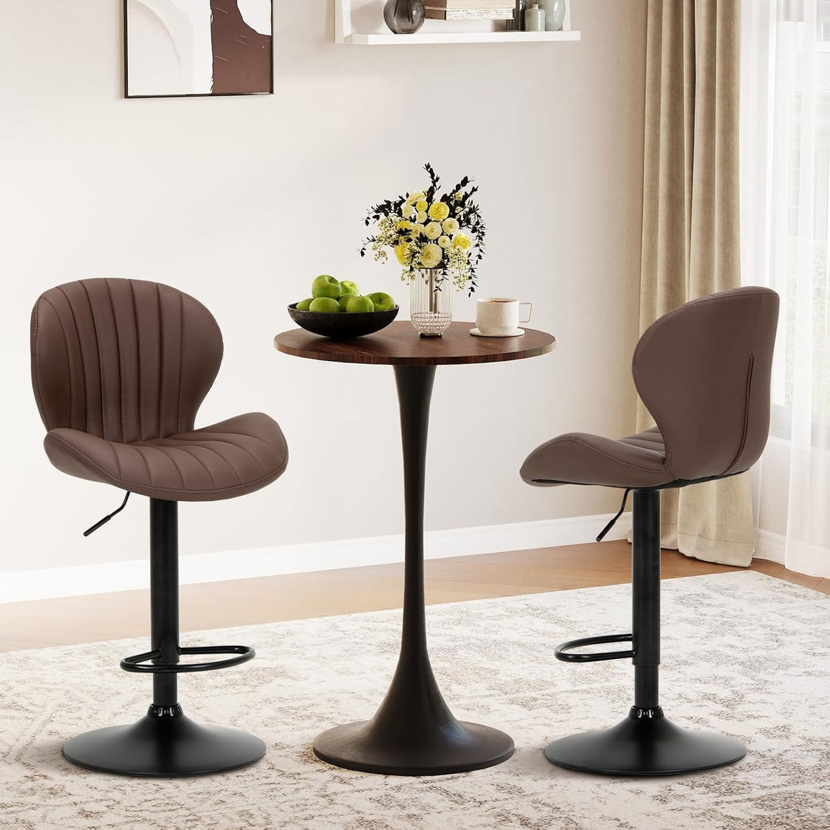 COLAMY Bar Stools Set of 4, Modern Swivel Bar Chairs, Adjustable Faux Leather Upholstered Barstools Counter Height with High Backrest for Bar, Kitchen Island, Dining Room, Brown