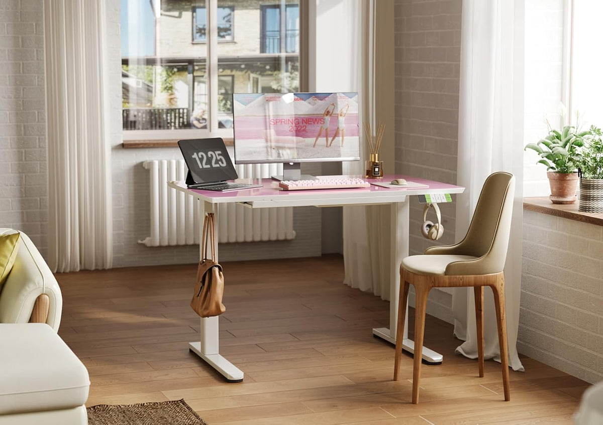INNOVAR Glass Standing Desk with Drawers, Adjustable Height Electric Stand Up Desk, Small Standing Desks with Storage, 40 inch, Morandi Powder