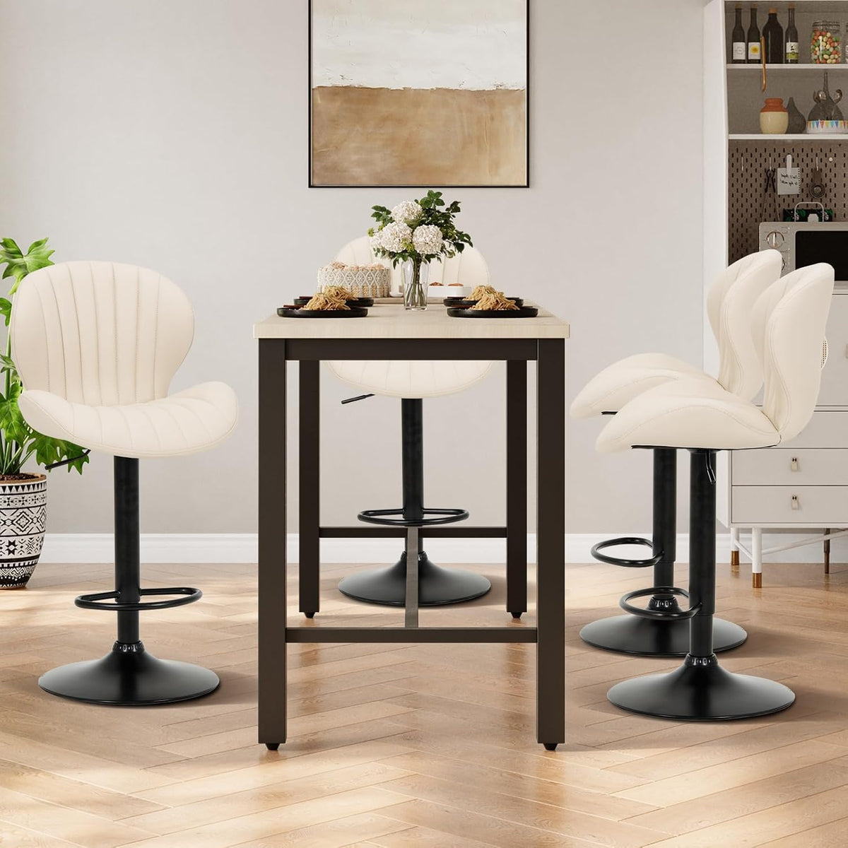 COLAMY Bar Stools Set of 2, Modern Swivel Bar Chairs, Adjustable Faux Leather Upholstered Barstools Counter Height with High Backrest for Bar, Kitchen Island, Dining Room, Beige