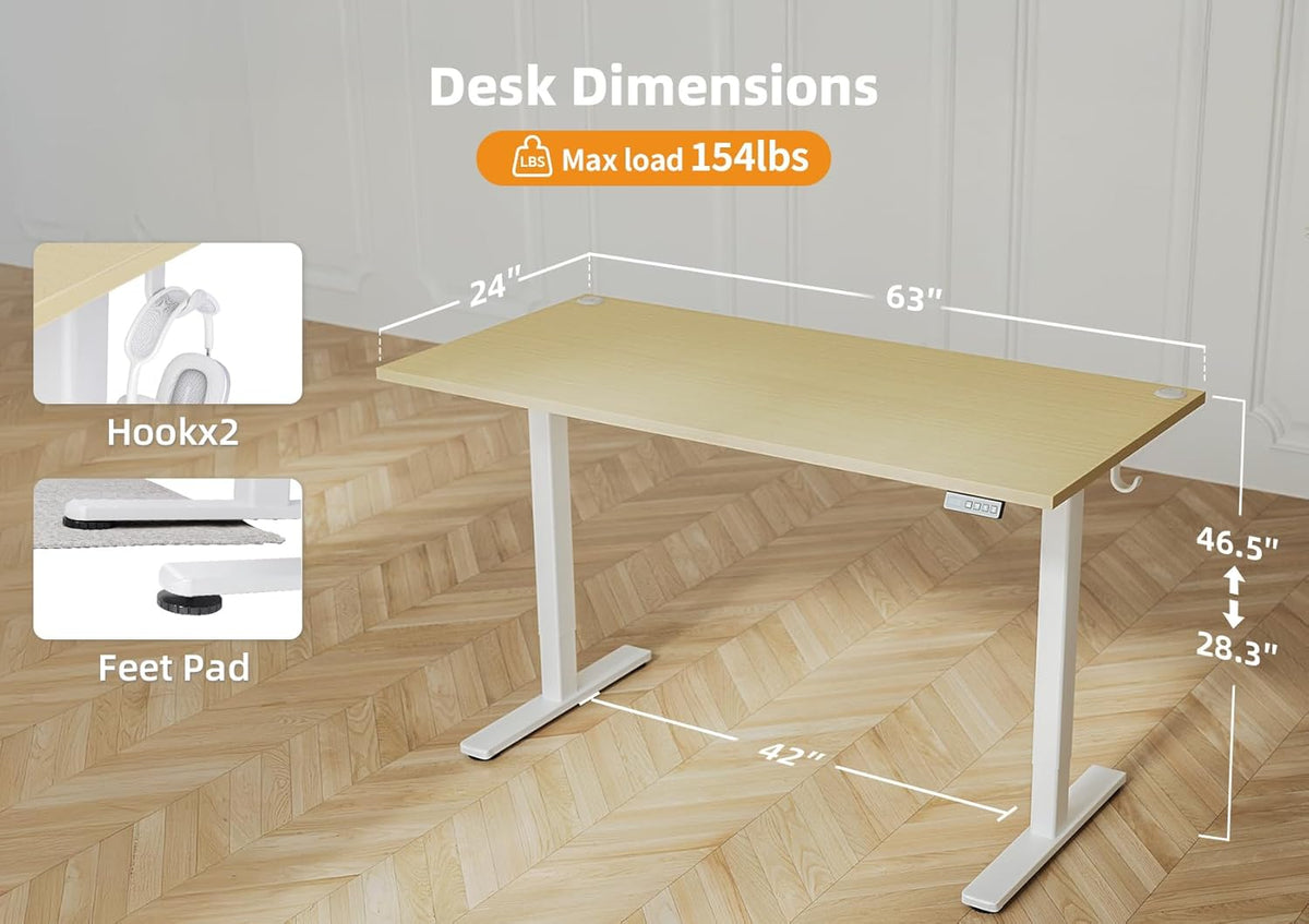 Seang Standing Desk with Adjustable Height, 63x24 Inch Electric Stand Up Desk for Home Office, Studio, Computer Workstation, Nature Top