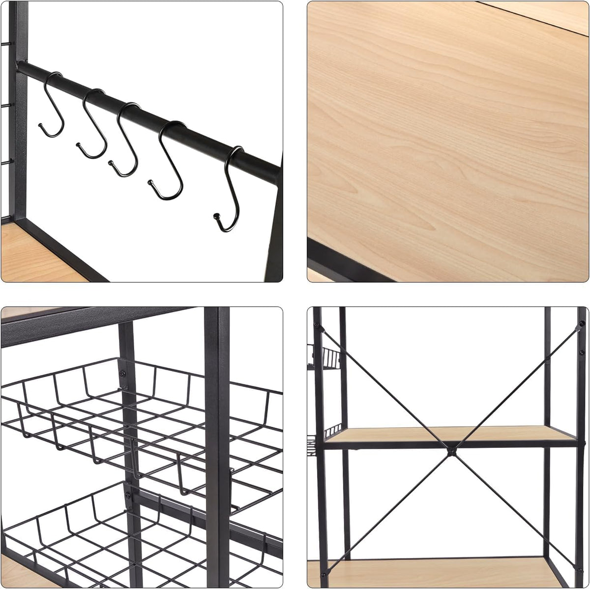 Bakers Rack with Power Outlet, Microwave Stand with Storage, Coffee Bar Organizer Cabinet with Wire Basket, Kitchen Shelf for Spices, 10 Hooks, Industrial, White Maple
