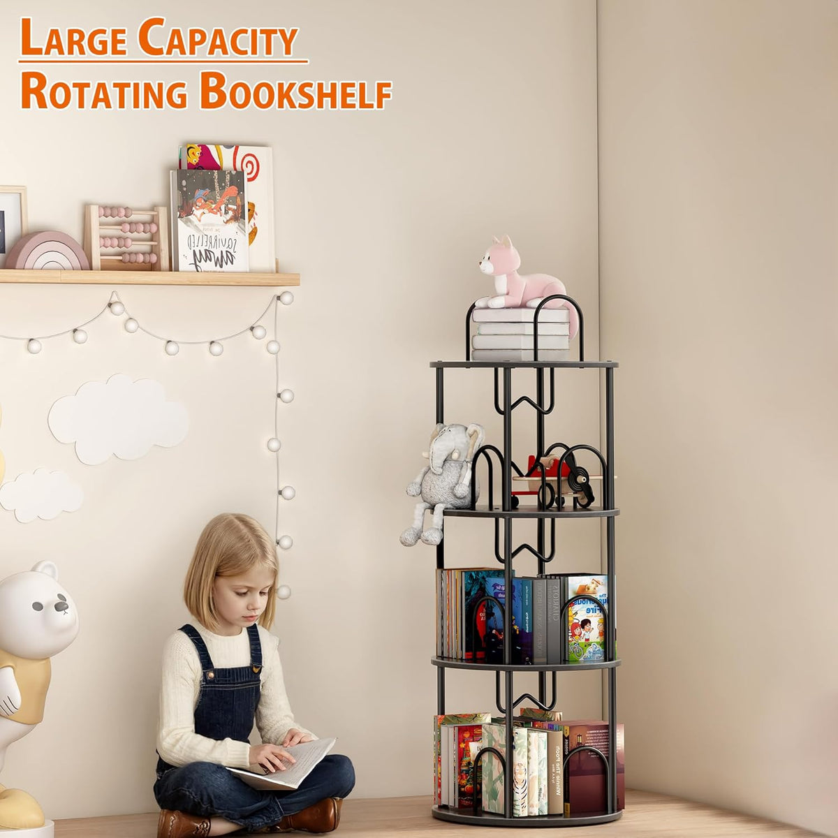 3 Tier Rotating Bookshelf, 360° Spinning Bookshelf Tower, Round Narrow Space Saving for Books and Display, Revolving Bookcase Corner Tall Book Shelf for Small Spaces, Bedroom, Living Room, Black