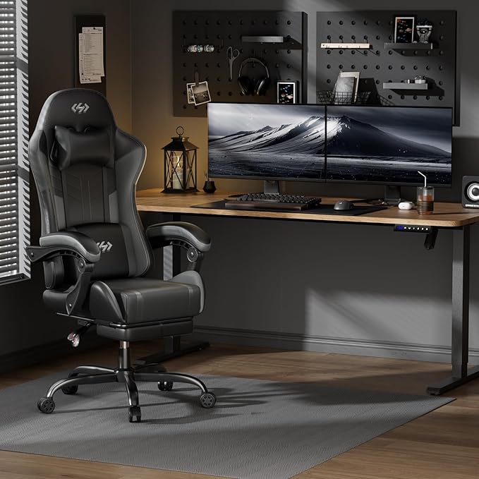 HLDIRECT Gaming Chair, Ergonomic Video Game Seat with 360° Swivel & Lumbar Massage, Computer Chair PU Leather Cushion for Adults Home/Office Use (Black & Grey)