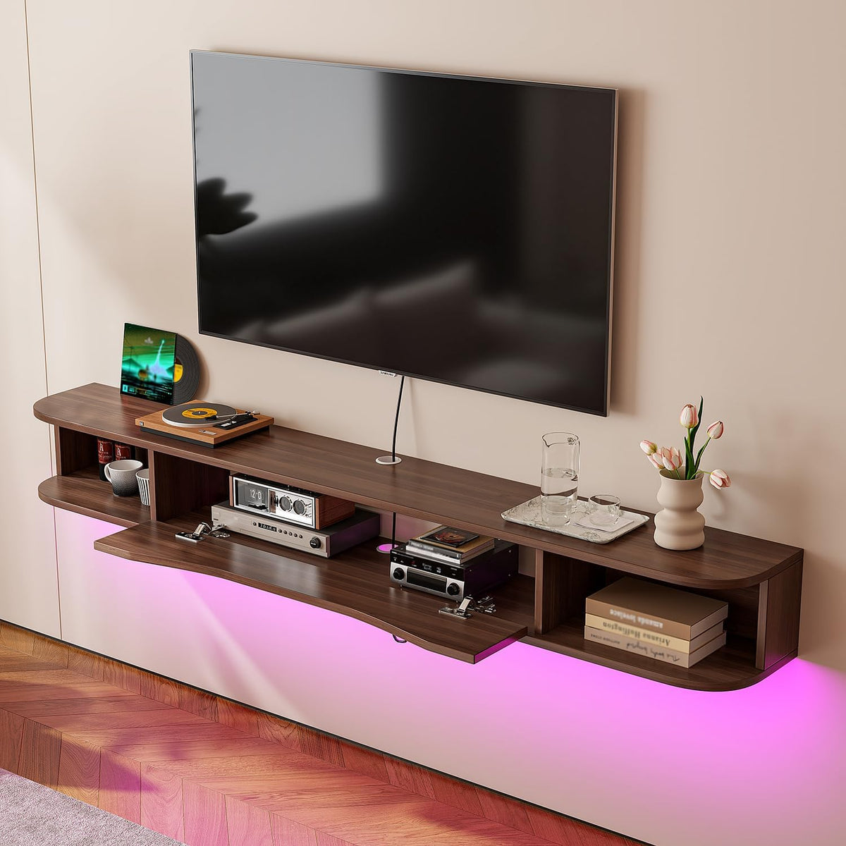 Floating TV Stand,94'' Wall Mounted TV Cabinet,Floating TV Console,Under TV Shelf with 1 Door and 2 Cabinets for TVs up to 90''(Walnut)