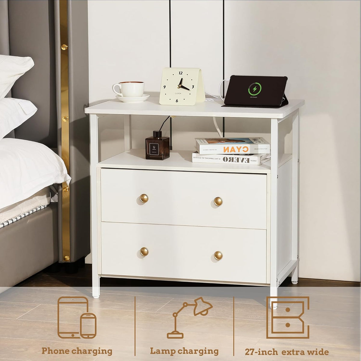 27 inch Wide Nightstand with Charging Station, Bedside Table with Open Shelf, 2 Drawers Small Wood Dresser, End Side Table for Bedroom (White)