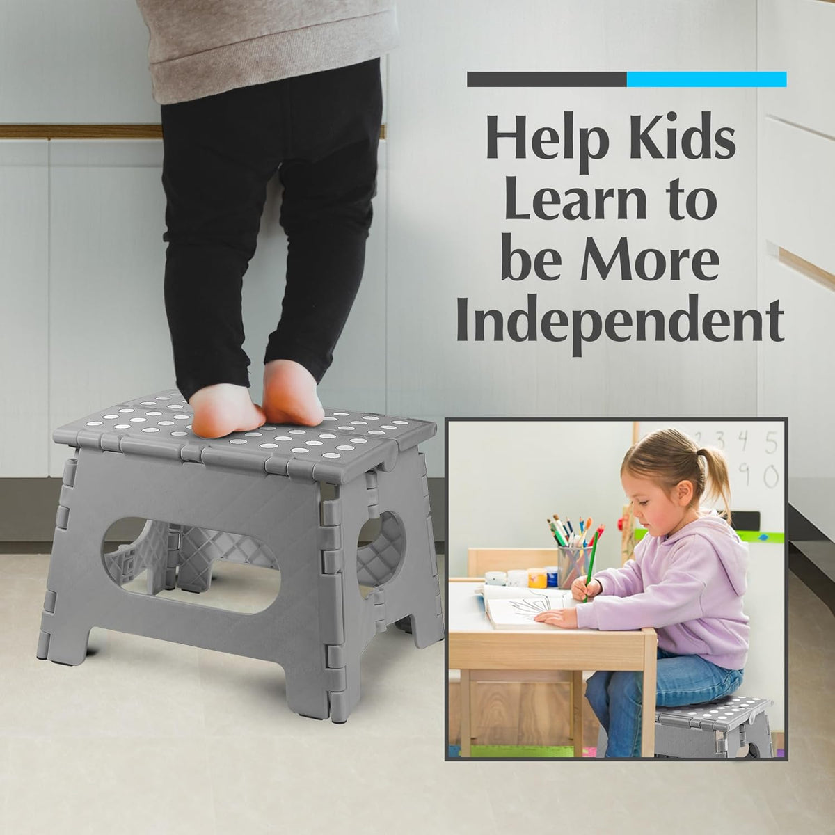 Handy Laundry Folding Lightweight Step Stool - Sturdy Enough to Support Adults and Safe Enough for Kids - Opens Easy with One Flip - Great for Kitchen, Bathroom or Bedroom (Grey | 2-Pack)