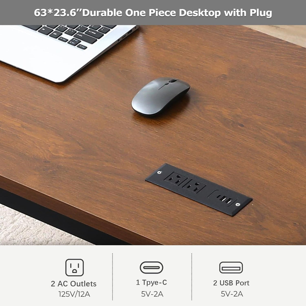 Large Computer Desk - 63 Inch Home Office Desks Study Student Writing Table Gaming Desk Wood Modern Simple Table with USB Ports, L.Brown