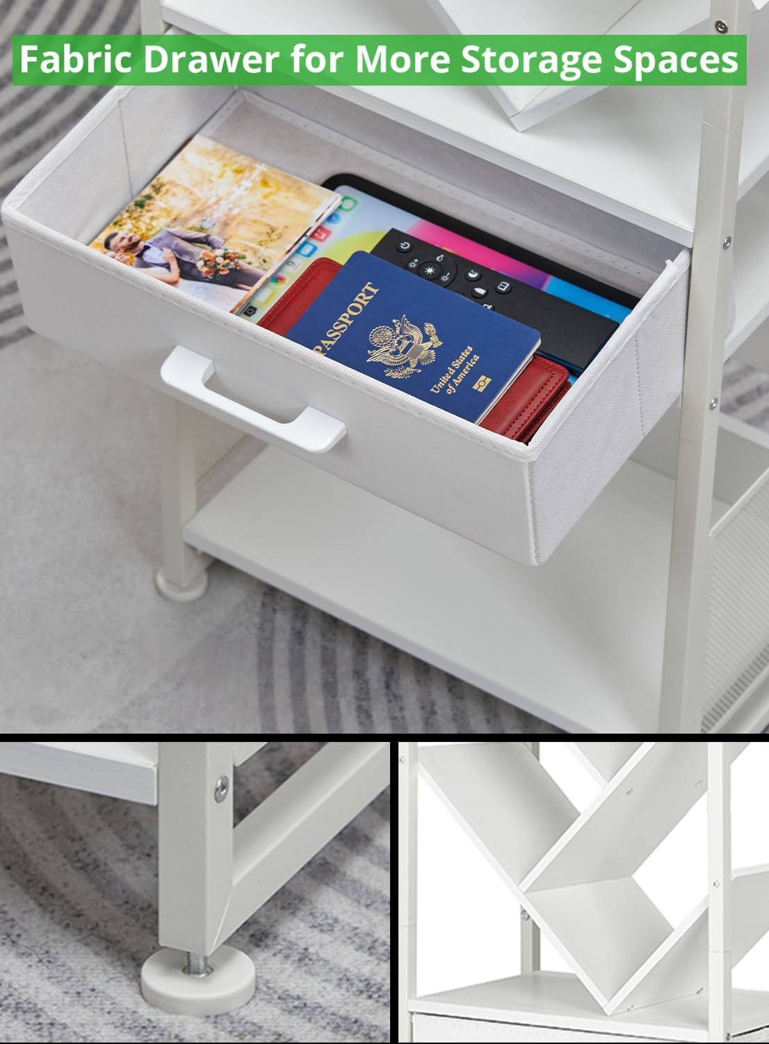 Bookshelf with Drawer,10 Tier Tree Bookcase Retro Floor Standing Bookshelves,Tall Wood Bookcases with Cabinet Storage Organizer for Living Room, Bedroom & Home Office, White