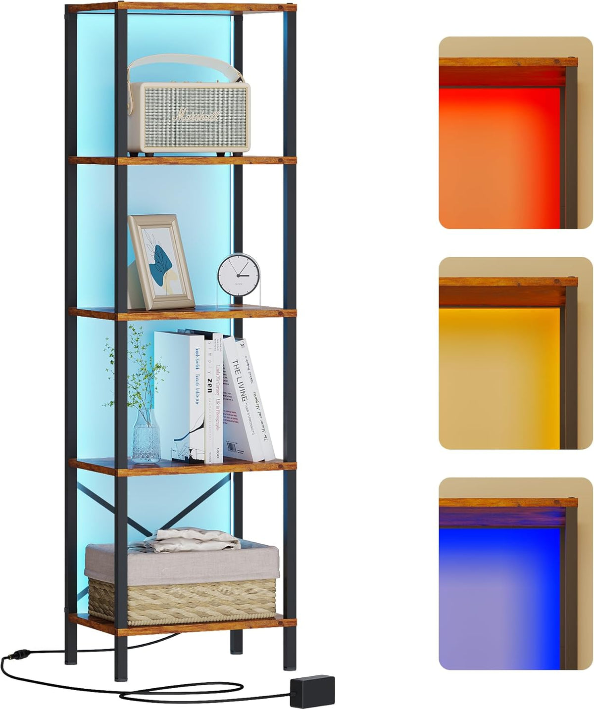 5-Tier Bookshelf, Tall Narrow Bookcase with LED Lights, Book Shelf with Steel Frame, Office Furniture, Display Storage Shelf for Living Room, Bedroom, Study, Balcony, Rustic Brown