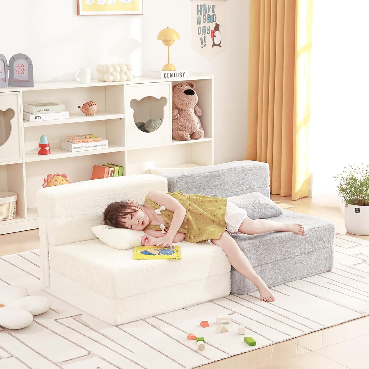 Folding Sofa Bed Floor Mattress for Kids with Pillow, Toddler Washable Folding Floor Nap Mat for Sleeping Daycare, Child Fold Up Sofa Futon Chair Bed with Storage Bag for Girls and Boys