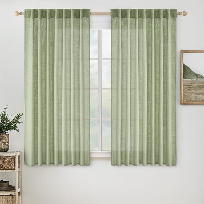 MIULEE Sage Green Linen Curtains 54 Inch Length 2 Panels