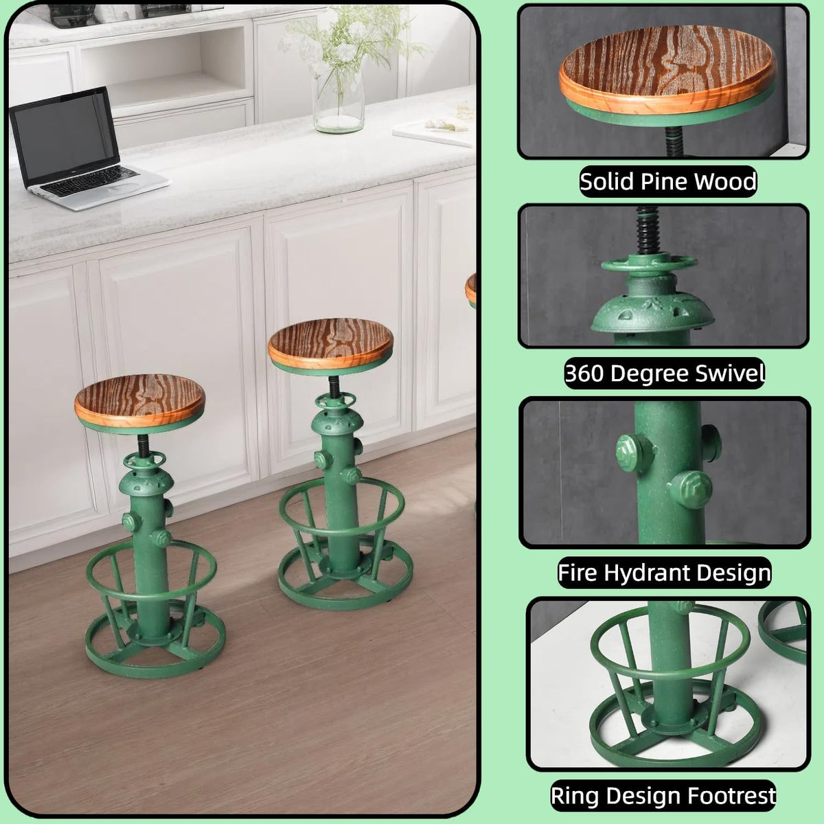 Vintage Bar Stool 24.8-30inch Counter Height Adjustable Industrial Coffee Chair with Swivel Wooden Seat Farmhouse Dinner Stools in Kitchen Dining Room