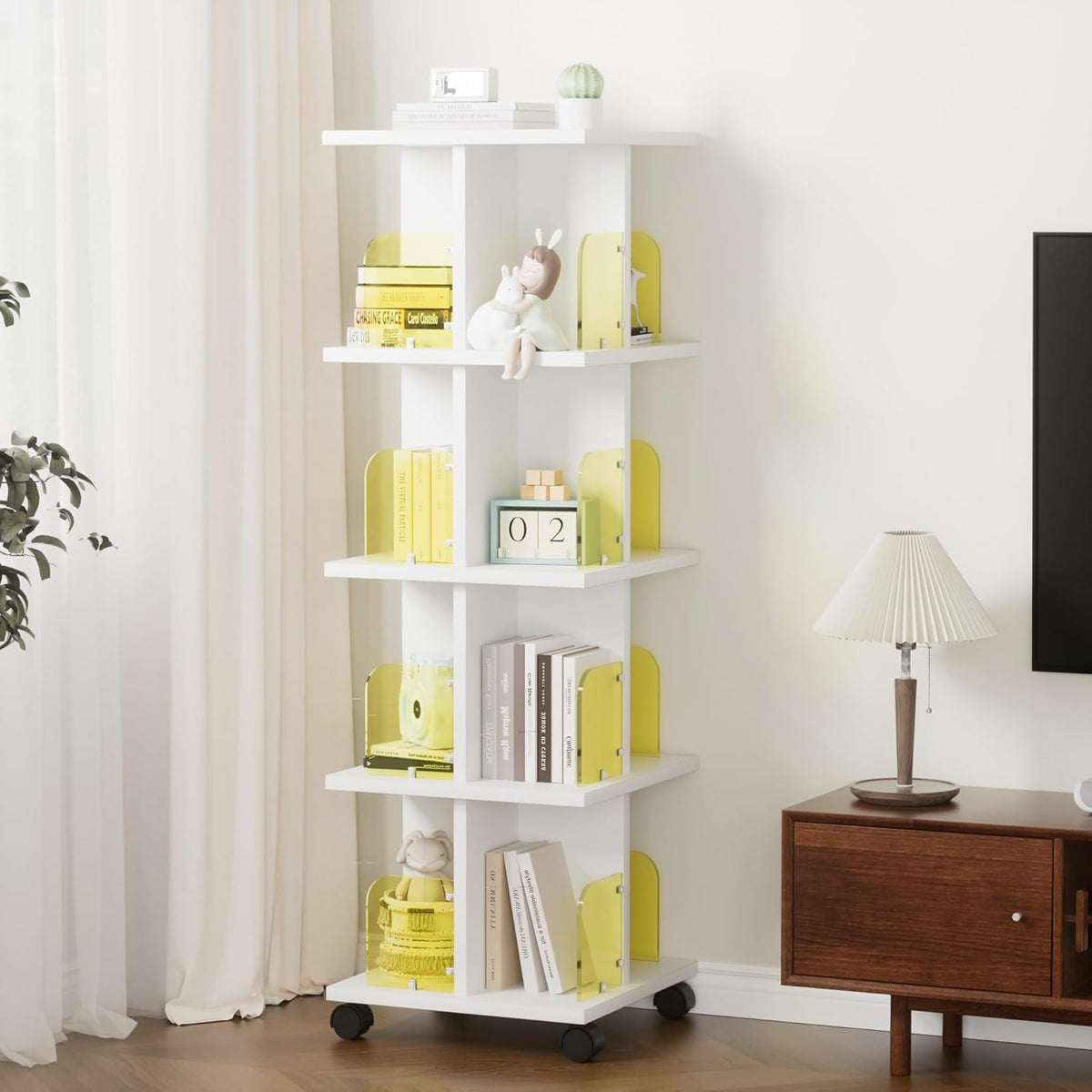 VECELO 4-Tier Rotating Bookshelf on Wheels, Revolving Bookcase Tower, Mobile Book Rack with Acrylic Windows, Narrow Rolling Bookshelves for Small Space, Corner, Bedroom, Office, White