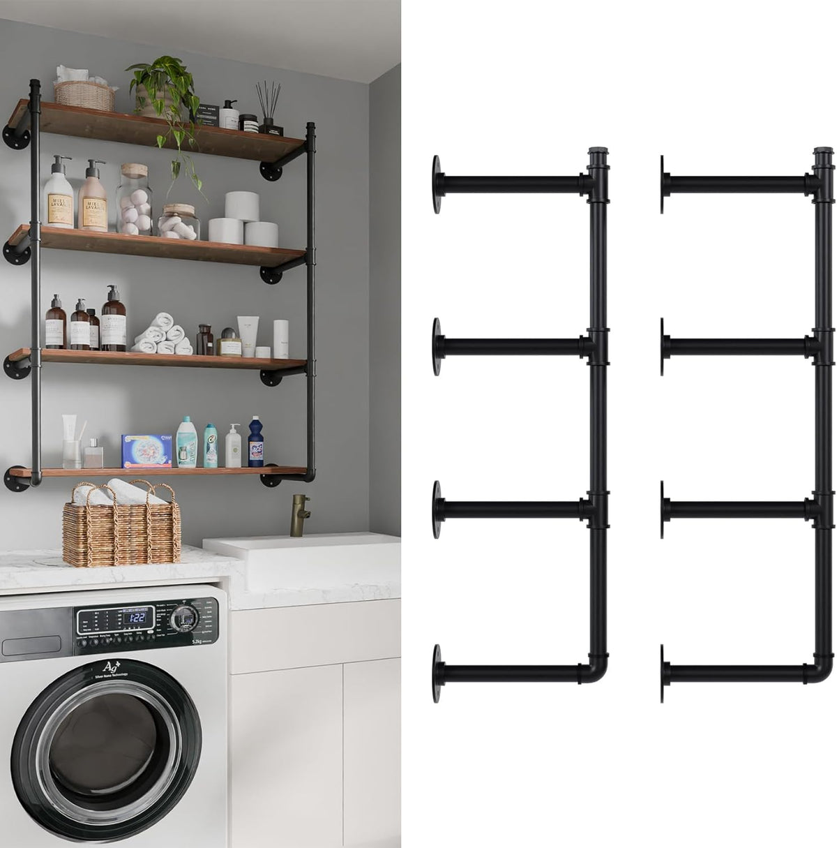 Industrial Pipe Shelf Brackets Wall Mount,Open Black Pipe Shelving for Kitchen,Floating Shelf Brackets Mount,Open Bookshelf Brackets for Shelves,Wall Shelves 12 Inch Deep,(2PcsX4Tier,47" Tall)