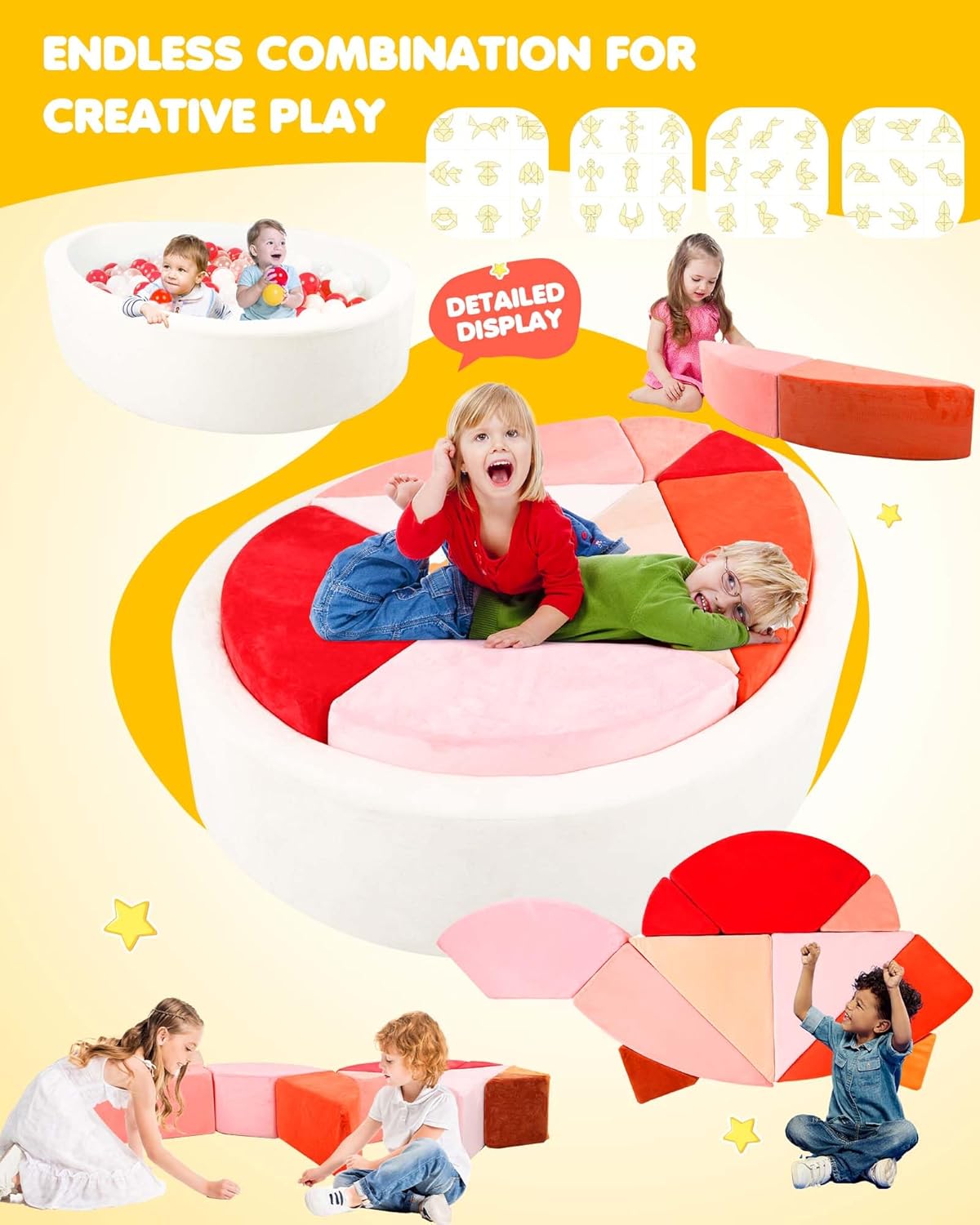 Kids Play Couch, 2-in-1 Egg-Shape Kid Plays Sofa with Unique Ball Pit(no Balls Included), Tangram Puzzle Play Couch for Playroom, Modular Play Couchs for Inspiring Creativity, Glow
