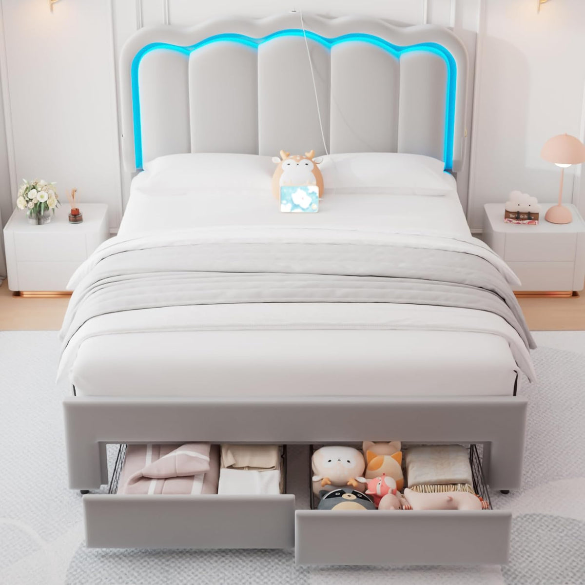 Queen Upholstered LED Bed Frame with 2 Storage Drawers and Adjustable Chic Double Wavy Headboard, Velvet Prince Platform Bed with Charing Station, Solid Wood Slats Support,No Box Spring Needed,Grey