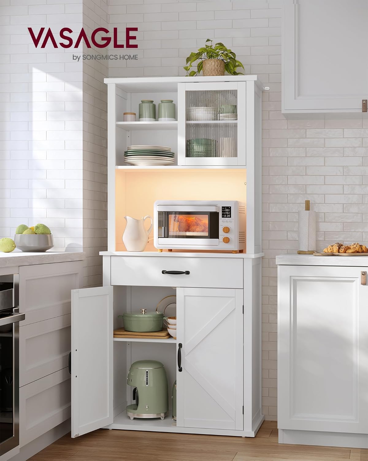 VASAGLE 71" Kitchen Pantry Cabinet with Lights and Charging Station, Coffee Bar Cabinet with Doors and Drawer, Farmhouse Style, Adjustable Shelves, Cloud White UBBK363W11