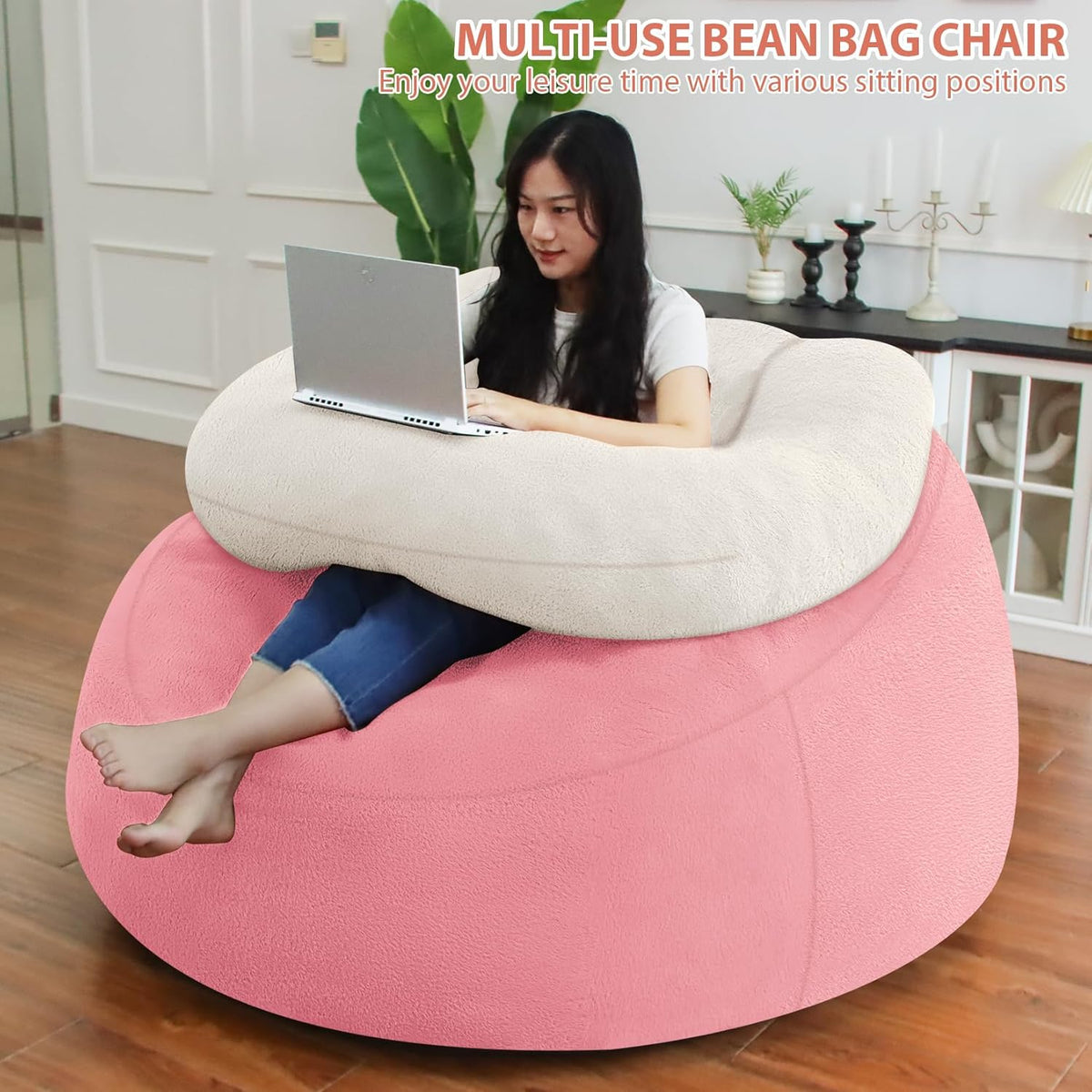 HABUTWAY Bean Bag Chair with U-Shaped Pillow for Adult and Kids Big BeanBag Chair with Filling Ultra Soft Teddy Fleece Couch Chair with Washable Cover for Living Room Bedroom Office, Beige-Light Pink