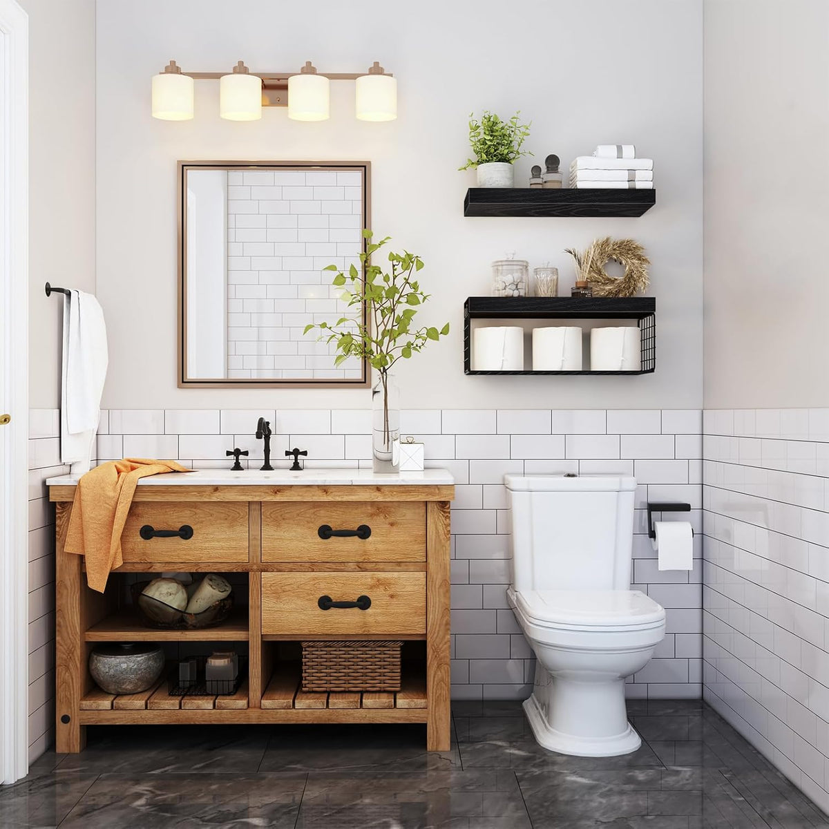 QEEIG Bathroom Shelves Over Toilet - Wall Mounted Floating Shelves Toilet Paper Storage Small Farmhouse Decor Shelf 16 inch Set of 2, Black (019-B2)
