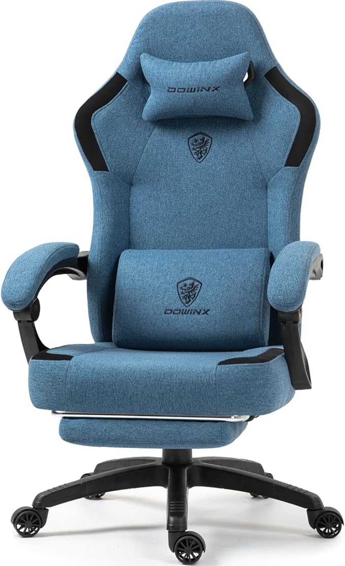 Dowinx Fabric Gaming Chair with Pocket Spring Cushion,Breathable Computer Chair with Massage Lumbar Support and Footrest,High Back Game Office Chair for Adult,Dark Blue