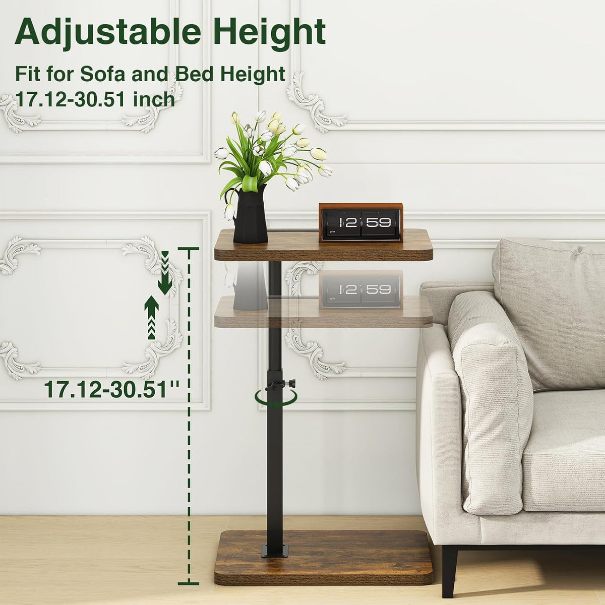 IBUYKE C Shaped Side Table, 360° Swivel Height Adjustable End Table for Small Spaces, with Phone & Tablet Slot, Modern Small Coffee Snack Table for Sofa/Bed, Retro Brown UTVT003H