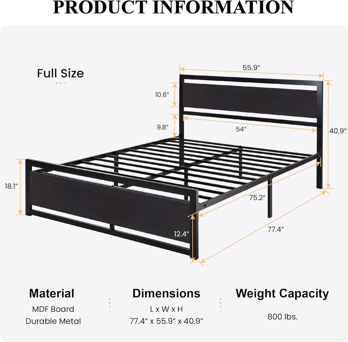SHA CERLIN Full Size Bed Frame with Modern Headboard, Heavy Duty Platform Metal Base with Square Footboard and 13 Strong Slats Support, No Box Spring Needed, Black