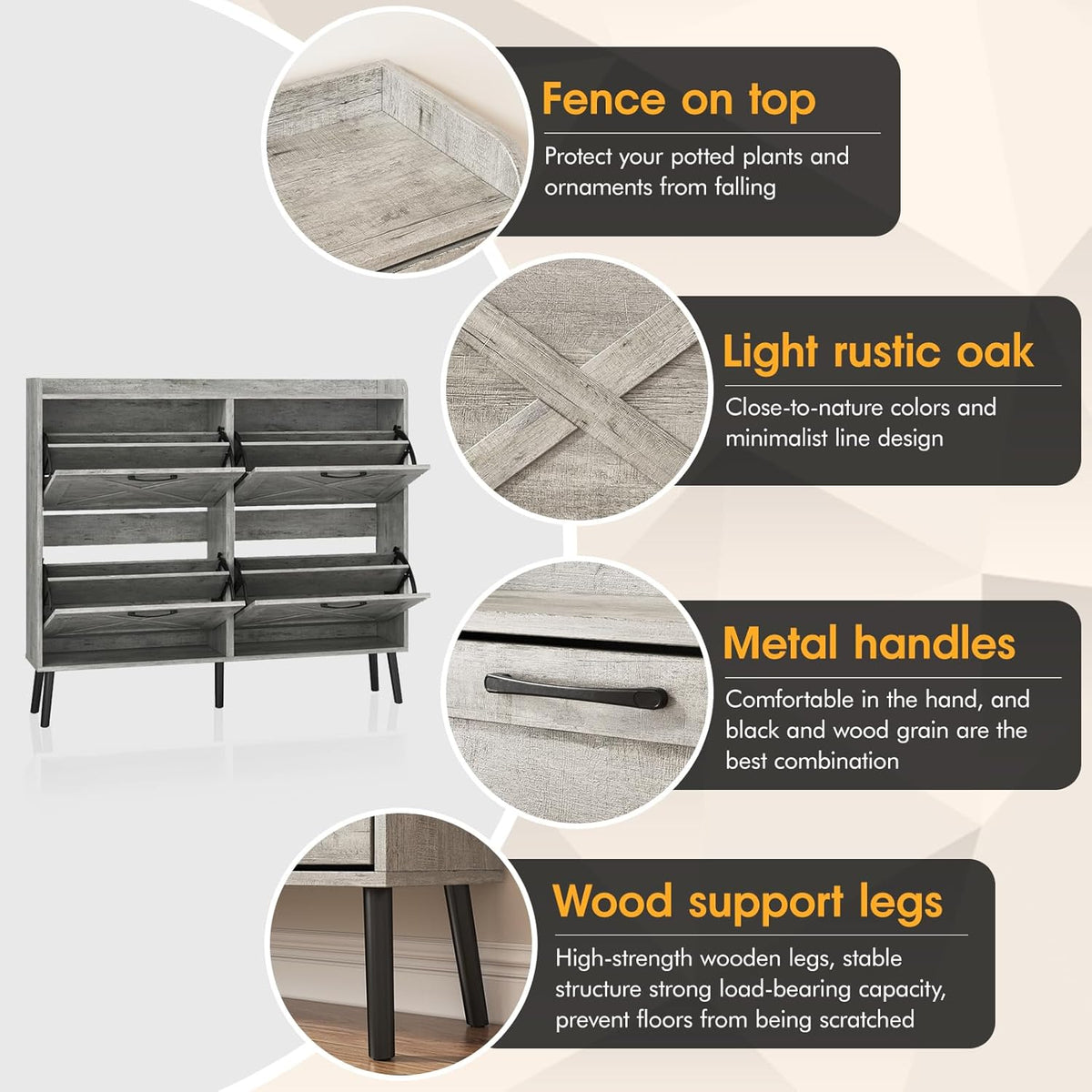 Maupvit Large Shoe Storage Cabinet with 4 Flip Drawers, Narrow Shoe Cabinet for Entryway with Wooden Legs, Freestanding Hidden Shoe Rack Organizer ＆ Metal Hinges, Light Rustic Oak