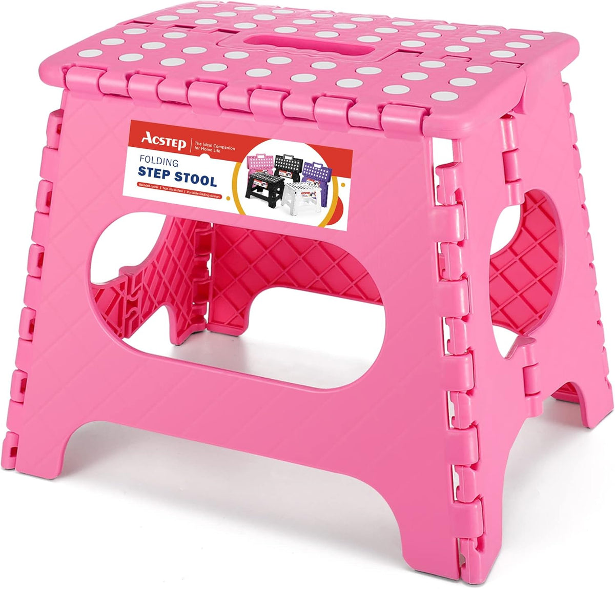 ACSTEP Folding Step Stool for Adults-11 Height Lightweight Plastic Stepping Stool. Foldable Step Stool Hold up to 300lbs Non Slip Collapsible Stool Pink