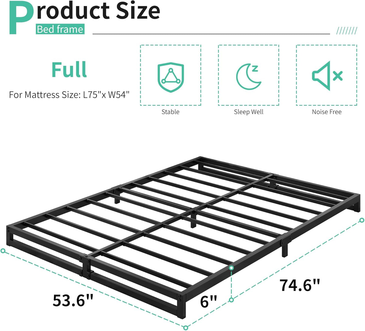 6 Inch Full Size Bed Frame No Box Spring Needed, Heavy Duty Metal Platform Beds with Sturdy Steal Slats for Mattress Foundation, Easy Assembly, Noise Free, Black
