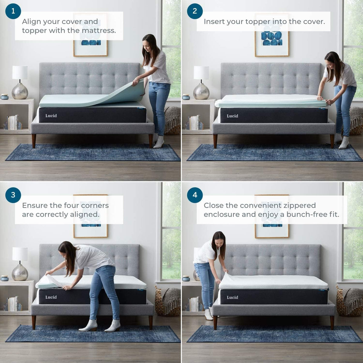 LUCID 2 Inch Gel Memory Foam Mattress Topper with Cover - Full Size - CertiPur-US Certified - White