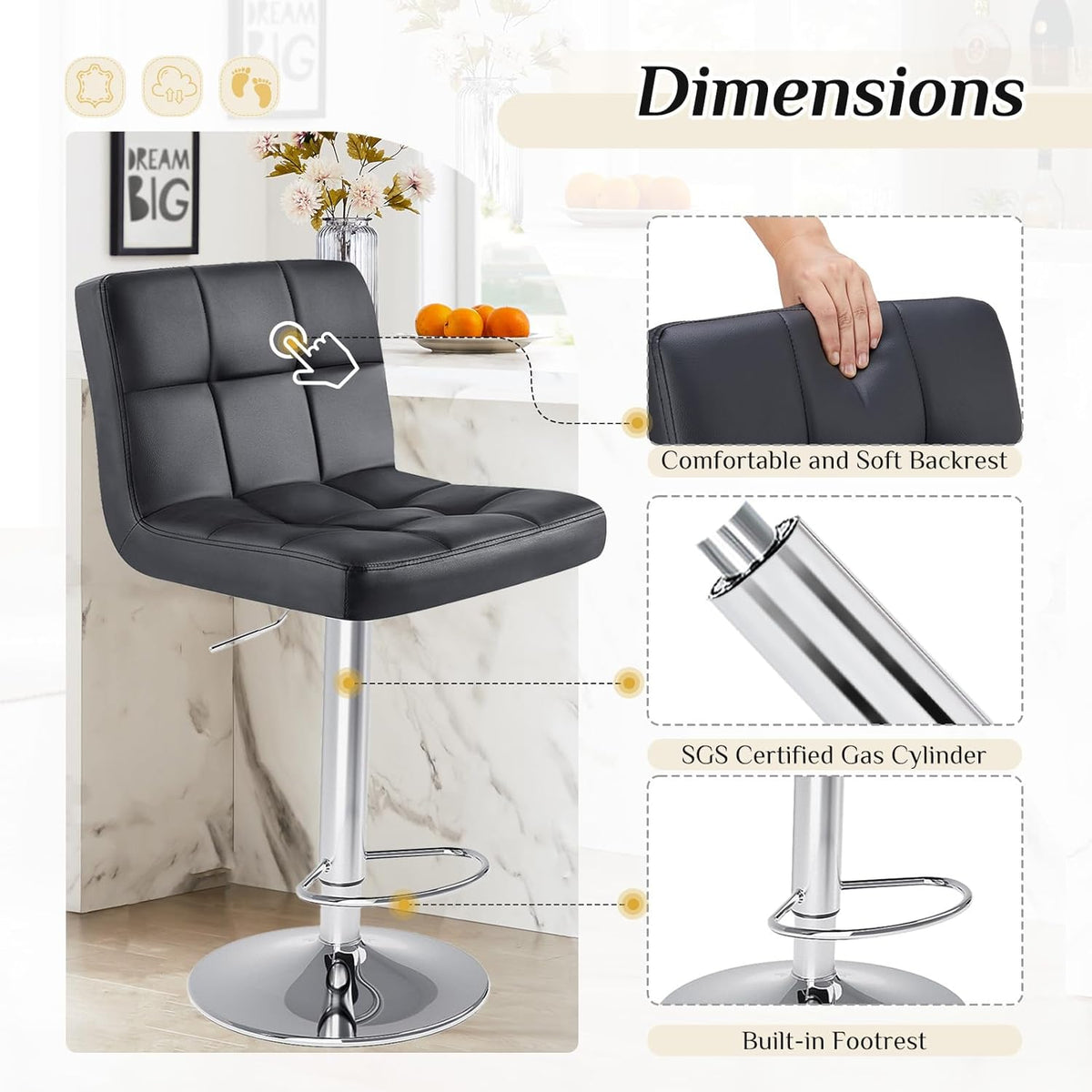 DUMOS Bar Stools Set of 2, Armless Adjustable Swivel Barstools, PU Leather Hydraulic Kitchen Counter Height Bar Stools, Thickened Seat Cushion Square Island Barstools with Back, Inky