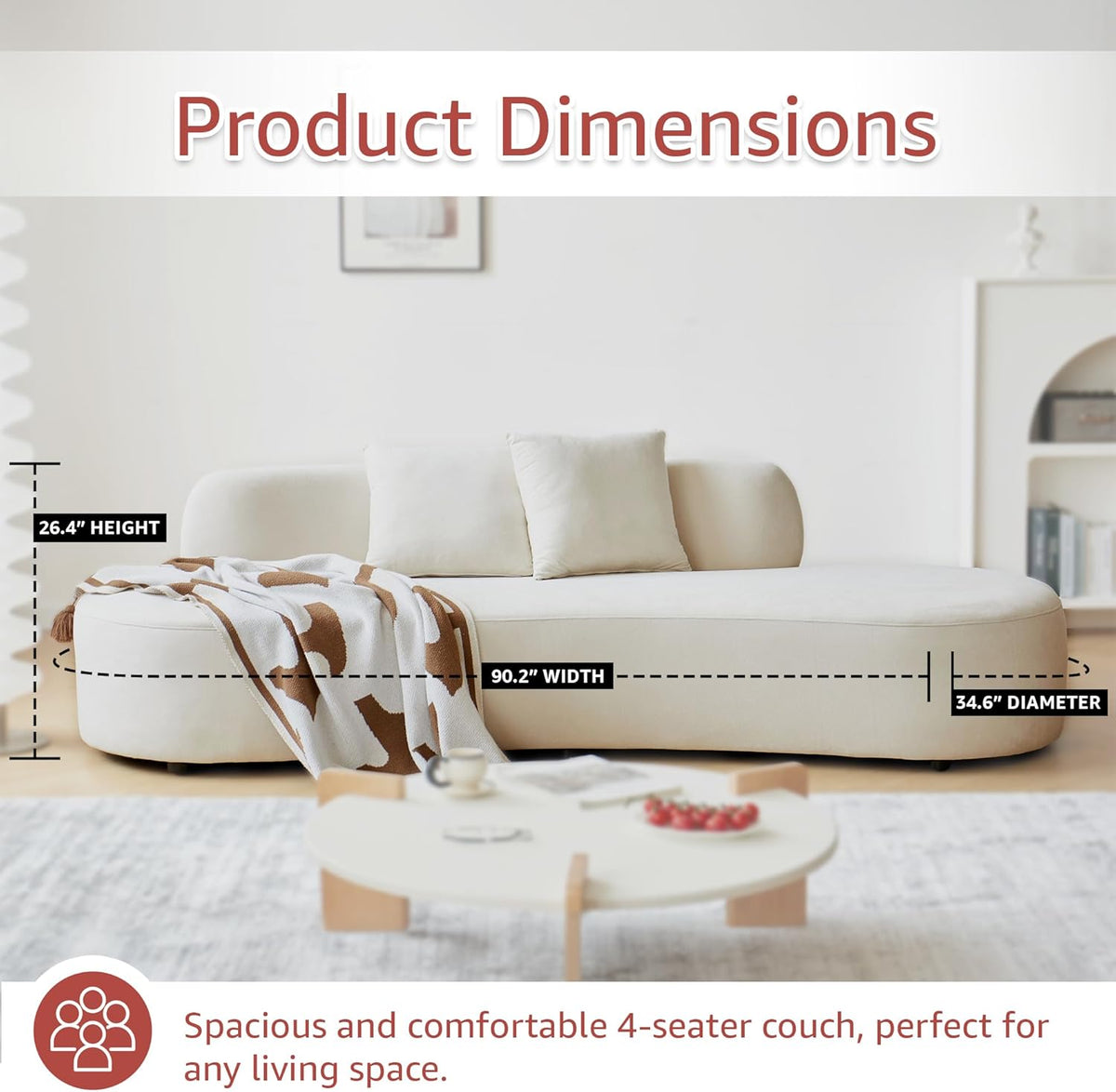 Container Furniture Direct 90" Curved Sofa with Throw Pillows, 4 Seater Luxury Velvet Couch with Half Moon Design and High-Density Foam, Ideal for Modern Living Room, Office & Apartment, Ivory