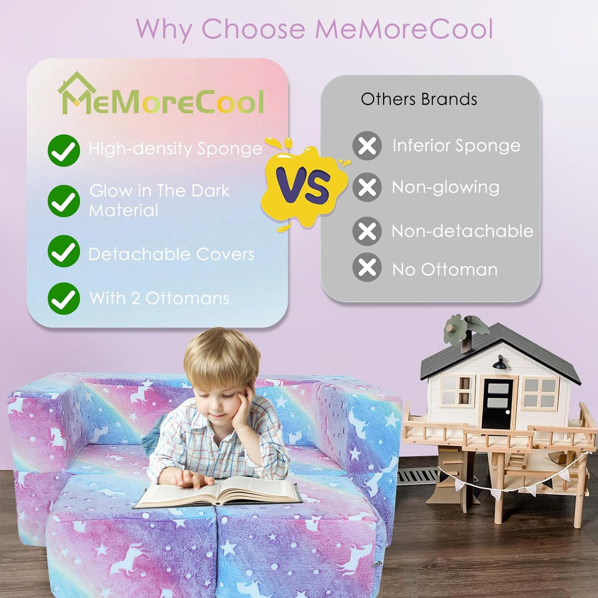 MeMoreCool Glow in The Dark Kids Couch, Rainbow Fold Out Toddler Sofa, Modular Play Couch for Bedroom and Playroom, Baby Sofa Kids Furniture