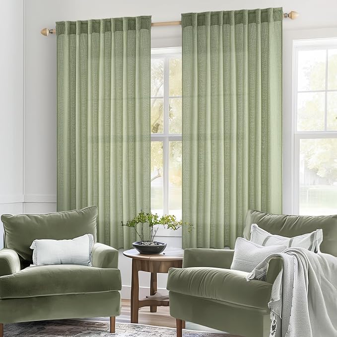 MIULEE Sage Green Linen Curtains 54 Inch Length 2 Panels