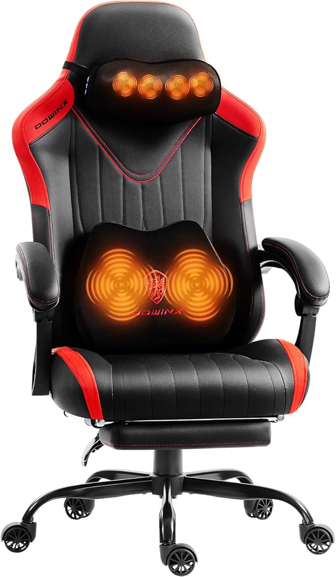 Dowinx Gaming Video Gaming Chair with Shiatsu Neck Massage and Lumbar Support for Home Office High Back Recliner Height Adjustable Ergonomic Comfy Leather Computer Desk Chair (Red)