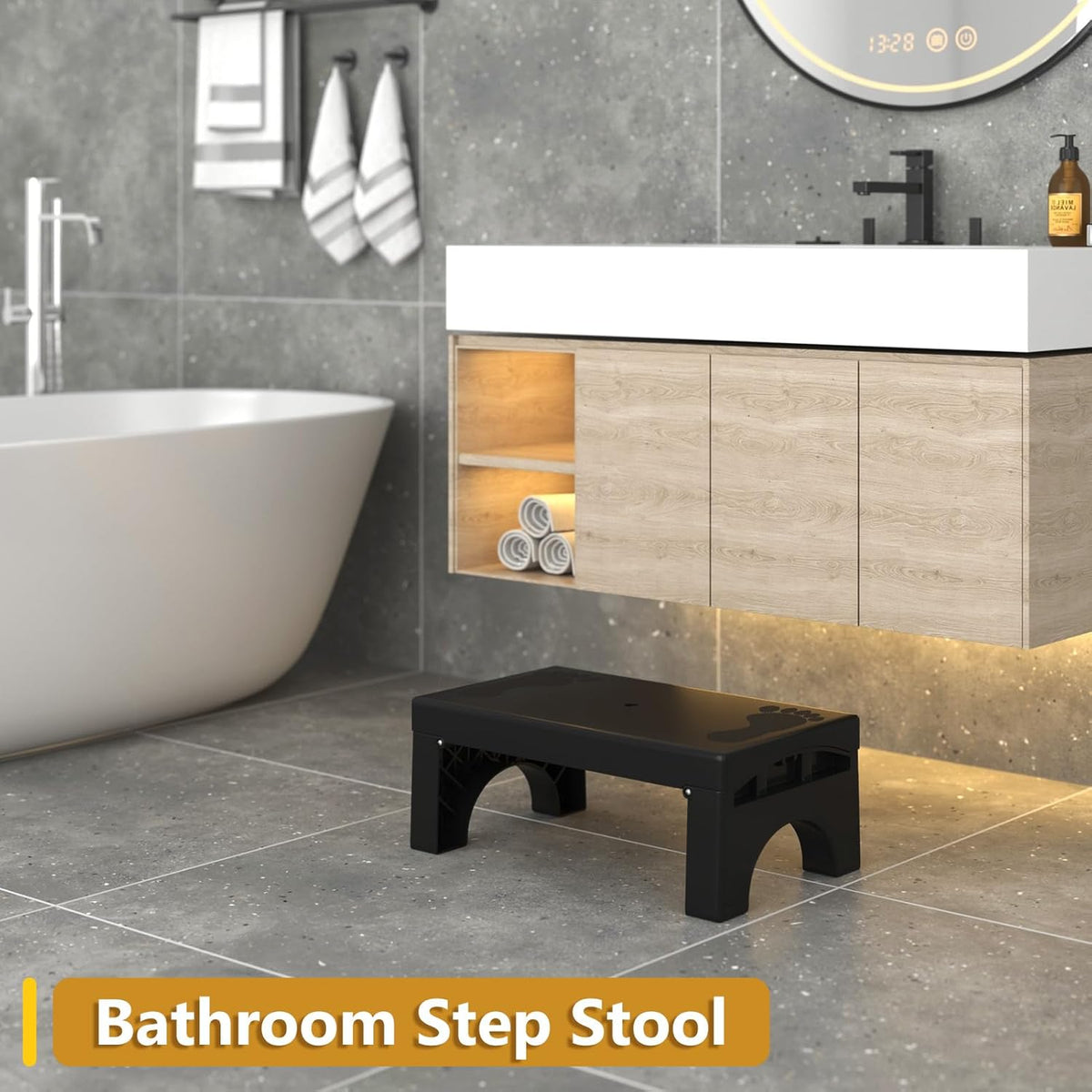 Step Stool Foldable for Adults Kids, Heavy Duty Non-Slip Folding Stepping Stool with 400-LBS Capacity, Portable Collapsible Foot Stool for Bathroom Bedroom Kitchen, Bed Steps for High Beds, Black