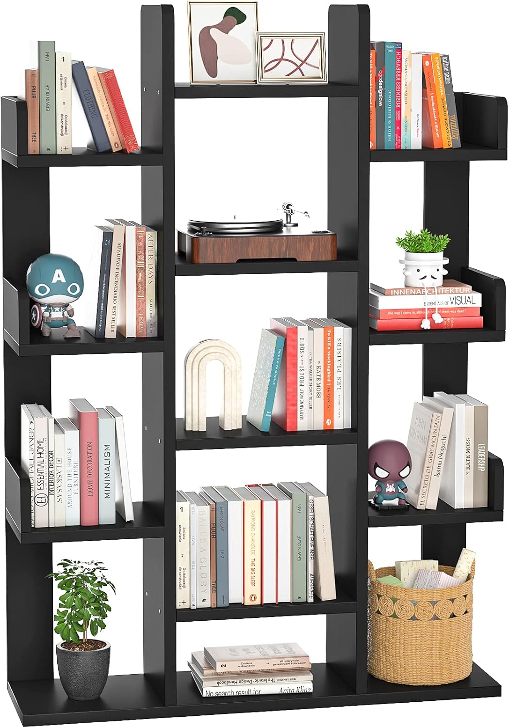 Aheaplus Bookshelf, Tree-Shaped Bookcase Storage Shelf with 13 compartments, Books Organizer Display Cube Shelves, Industrial Free Floor Standing Wood Open Bookshelves, Black