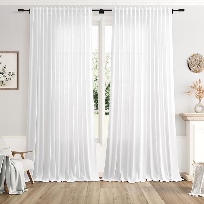 White Large Window Curtains Light Filtering Semi Sheer Privacy Linen Textured