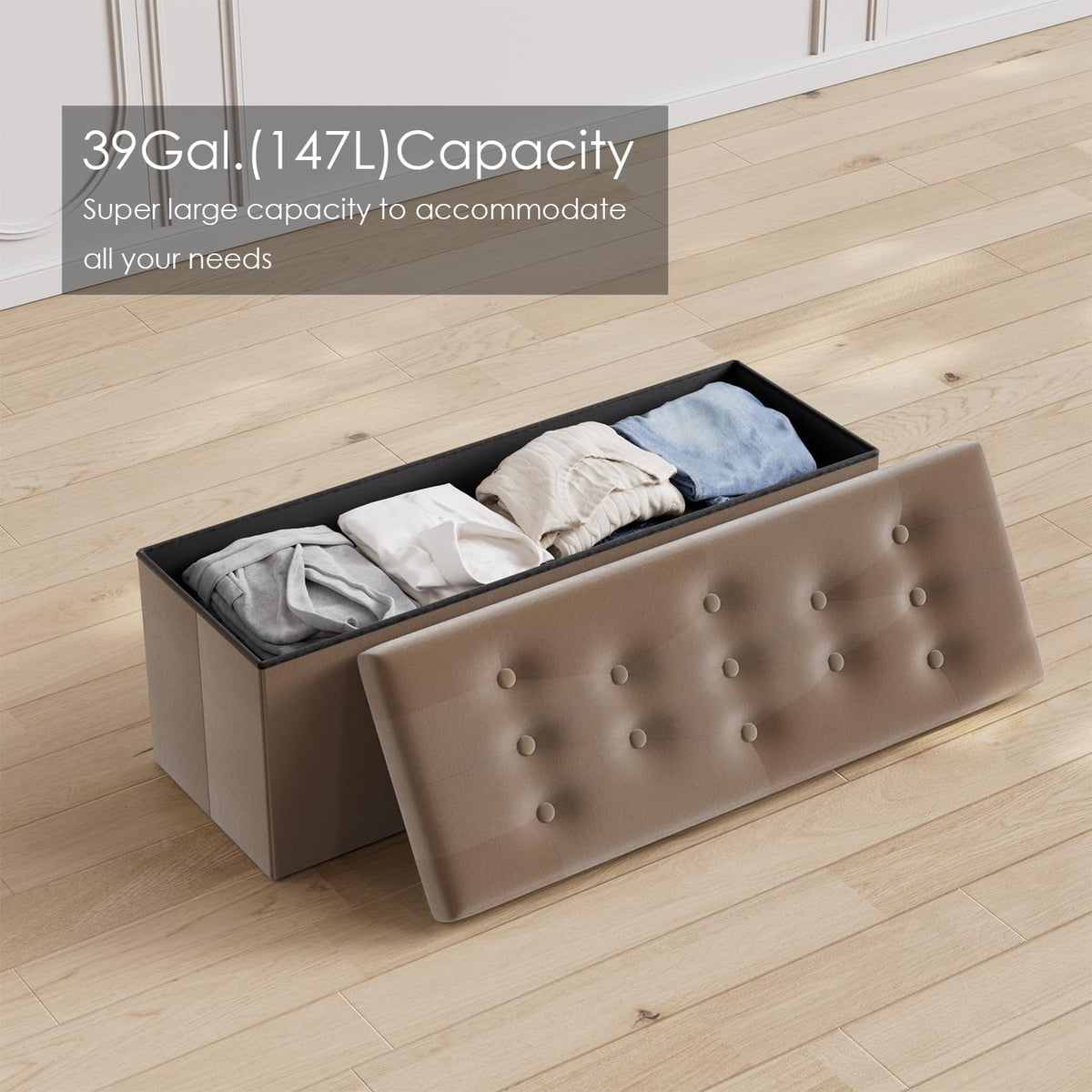 PRANDOM Jumbo Ottoman with Storage [1-Pack] Velvet Folding Small Square Foot Stool with Lid for Living Room Bedroom Coffee Table Dorm Dark Coffee 43x15x15 inches