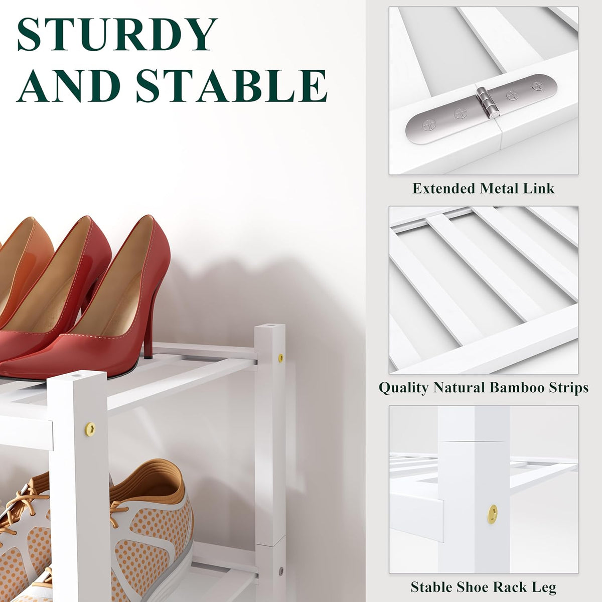 Smiry Shoe Rack, 5 Tier Bamboo Shoe Organizer, Stackable Free Standing Wooden Shoe Storage Shelf for Closet, Entryway, Front Door Entrance, White