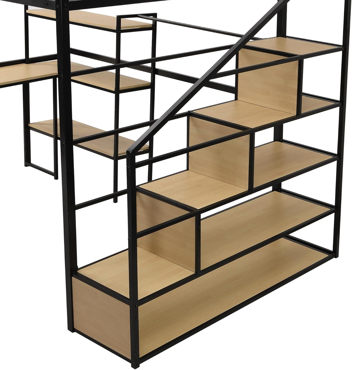 Full Size Metal Loft Bed with Staircase,Full-Length Guardrails,a Built-in Desk and a 3-Tier Shelf,No Box Spring Needed,Noise Free,for Juniors&Adults,Black